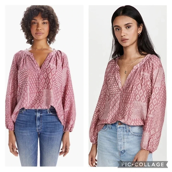 Xirena Chloe Stamp Pink Long Sleeve V-Neck Silk Cotton Blouse XS - Picture 1 of 11